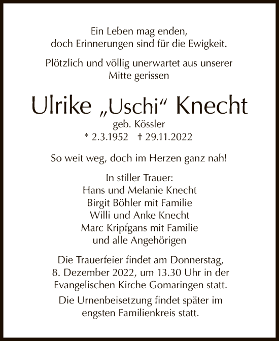 Anzeige von Ulrike Knecht von Reutlinger General-Anzeiger