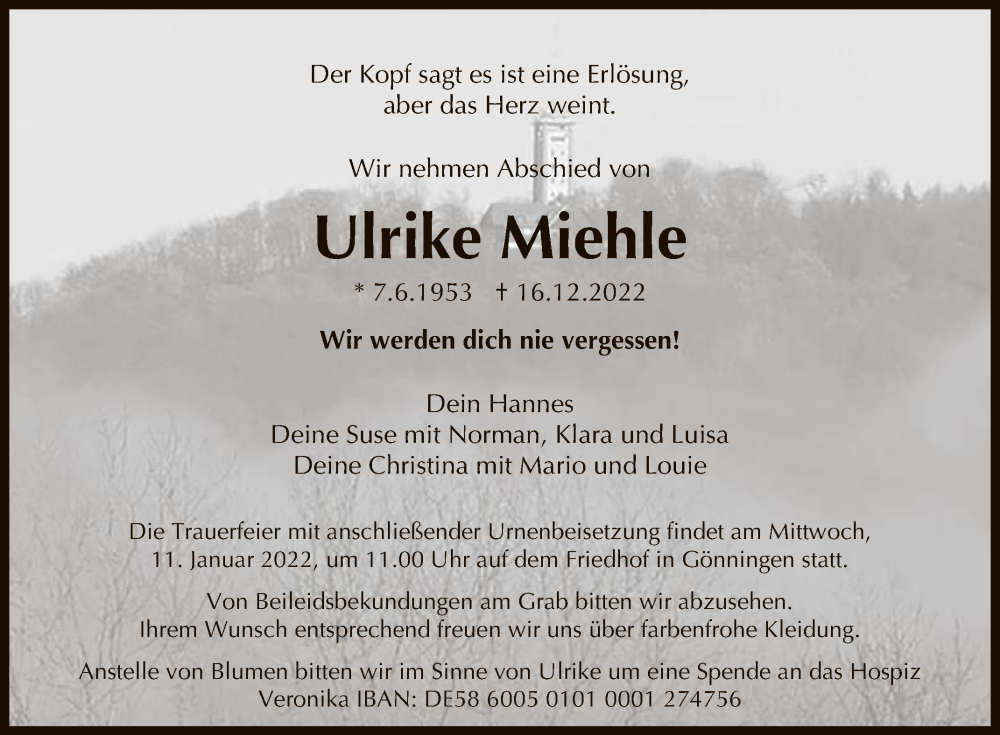  Traueranzeige für Ulrike Miehle vom 23.12.2022 aus Reutlinger General-Anzeiger