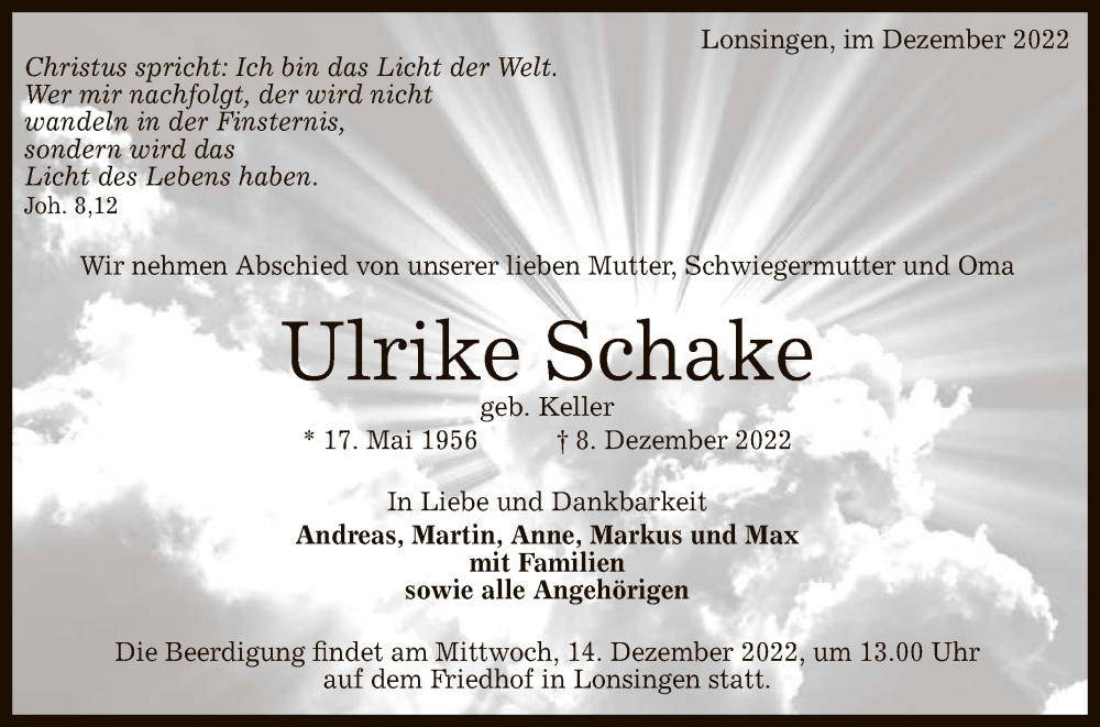  Traueranzeige für Ulrike Schake vom 12.12.2022 aus Reutlinger General-Anzeiger