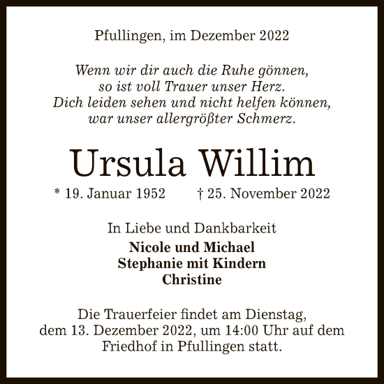 Anzeige von Ursula Willim von Reutlinger General-Anzeiger