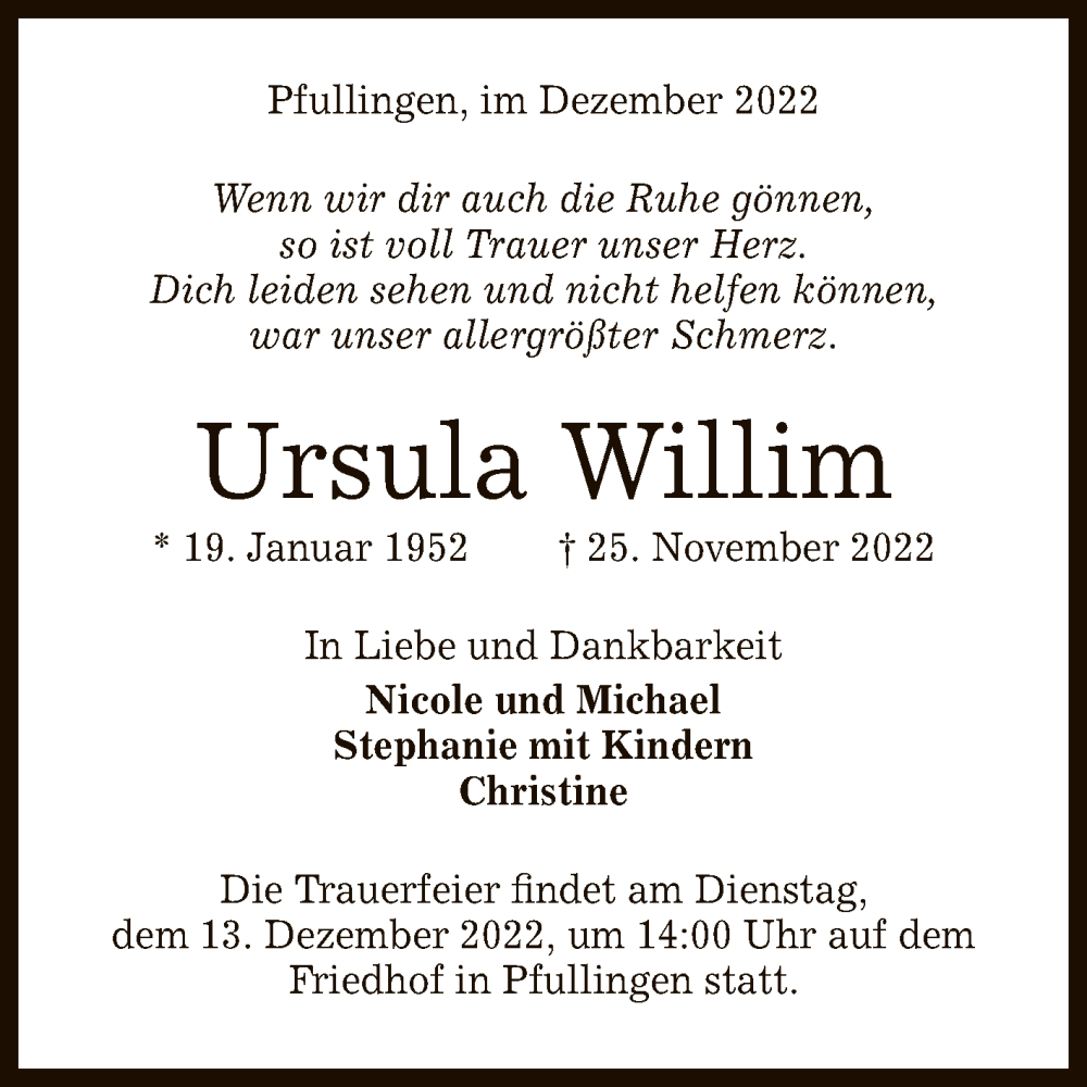  Traueranzeige für Ursula Willim vom 09.12.2022 aus Reutlinger General-Anzeiger