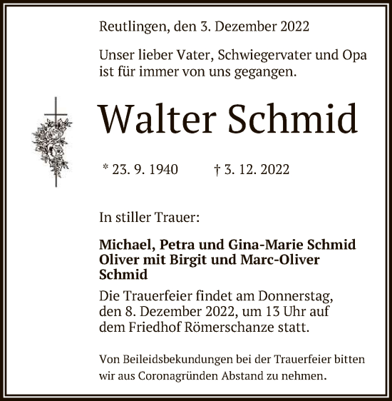 Anzeige von Walter Schmid von Reutlinger General-Anzeiger