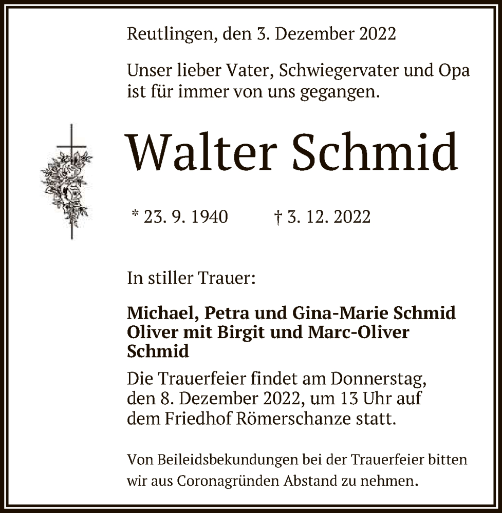  Traueranzeige für Walter Schmid vom 06.12.2022 aus Reutlinger General-Anzeiger