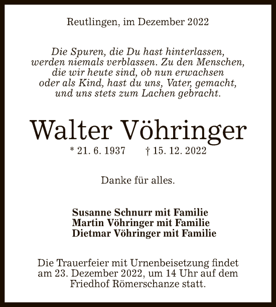 Anzeige von Walter Vöhringer von Reutlinger General-Anzeiger