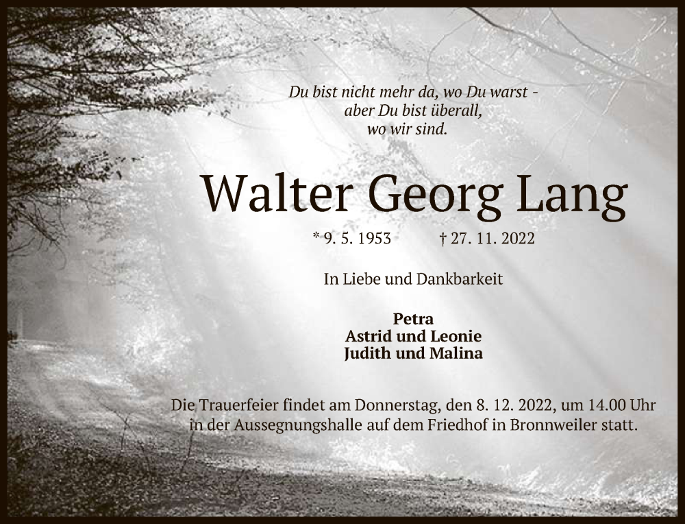  Traueranzeige für Walter Georg Lang vom 06.12.2022 aus Reutlinger General-Anzeiger