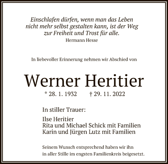 Anzeige von Werner Heritier von Reutlinger General-Anzeiger