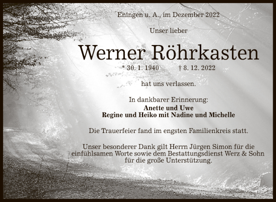 Anzeige von Werner Röhrkasten von Reutlinger General-Anzeiger