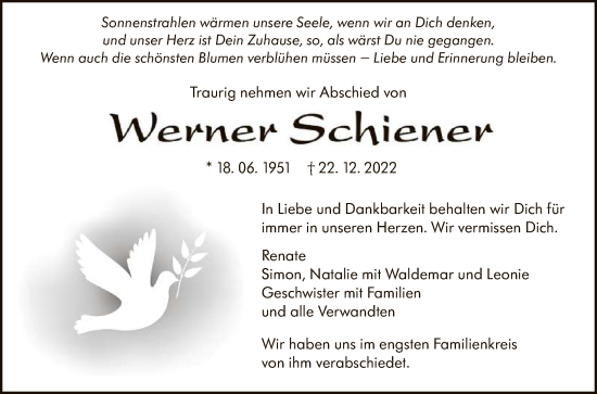 Anzeige von Werner Schiener von Reutlinger General-Anzeiger