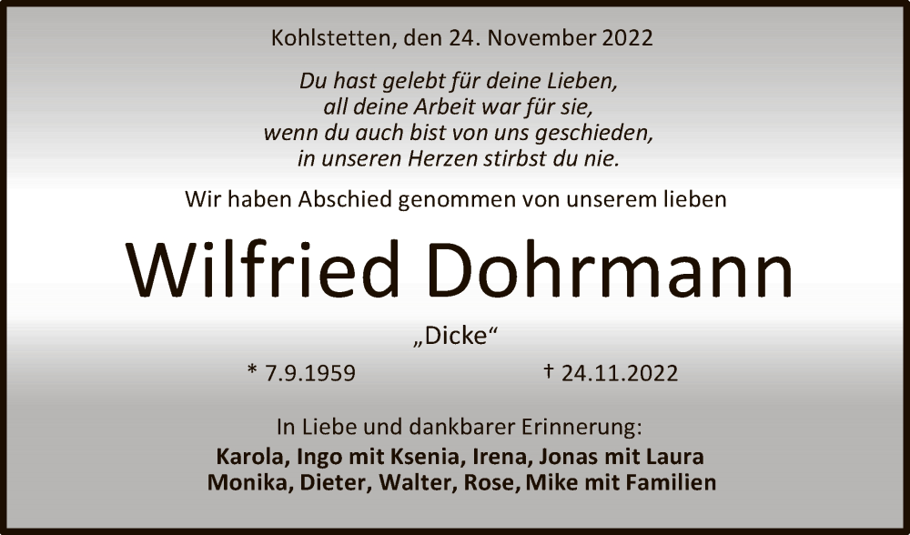  Traueranzeige für Wilfried Dohrmann vom 08.12.2022 aus Reutlinger General-Anzeiger