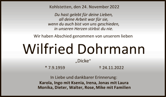 Anzeige von Wilfried Dohrmann von Reutlinger General-Anzeiger