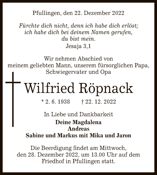Anzeige von Wilfried Röpnack von Reutlinger General-Anzeiger
