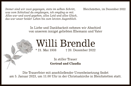 Anzeige von Willi Brendle von Reutlinger General-Anzeiger