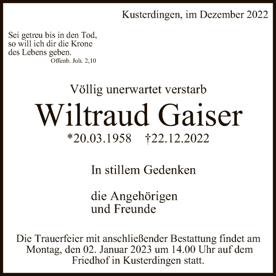 Anzeige von Wiltraud Gaiser von Reutlinger General-Anzeiger