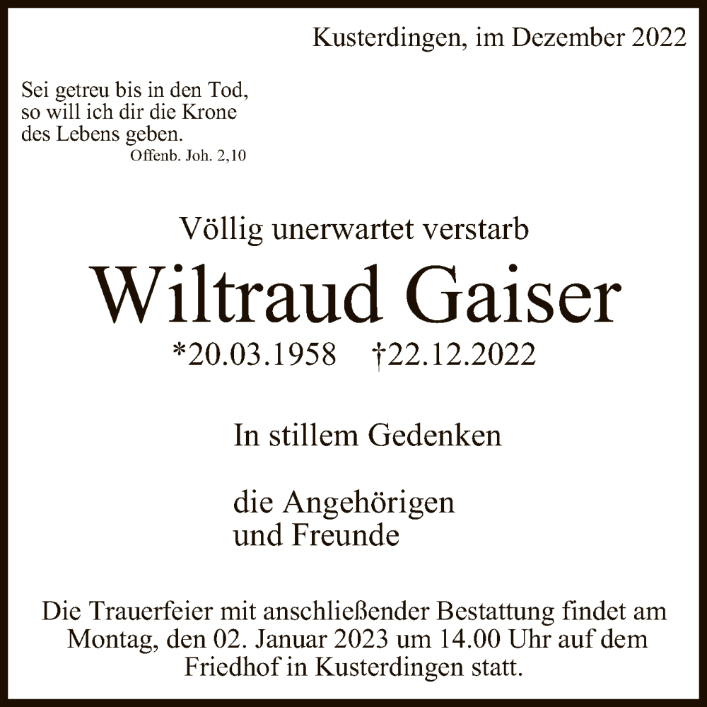  Traueranzeige für Wiltraud Gaiser vom 24.12.2022 aus Reutlinger General-Anzeiger