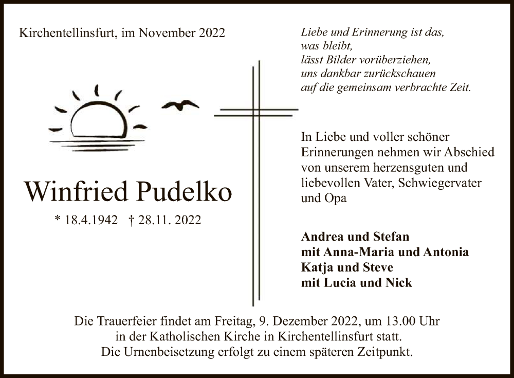  Traueranzeige für Winfried Pudelko vom 03.12.2022 aus Reutlinger General-Anzeiger