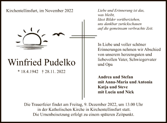 Anzeige von Winfried Pudelko von Reutlinger General-Anzeiger