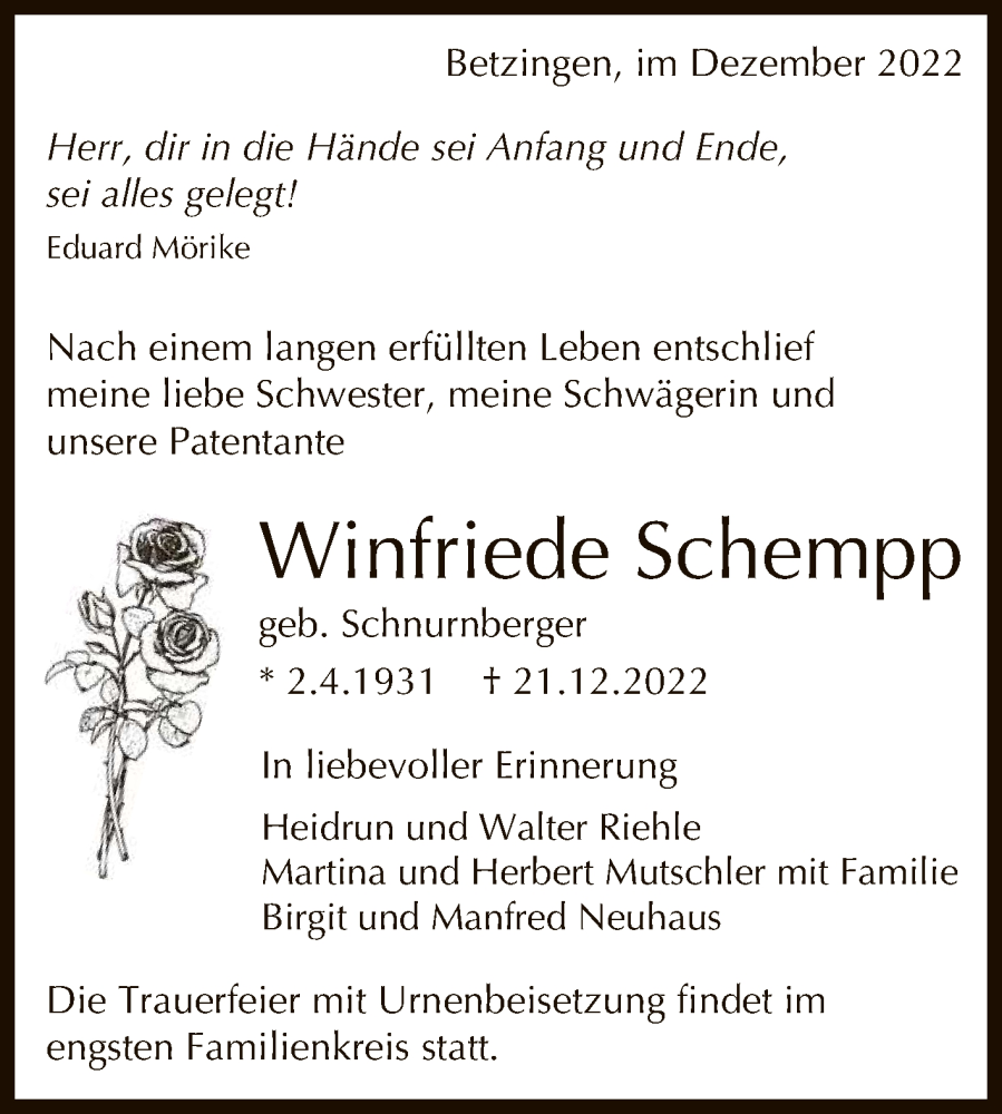  Traueranzeige für Winfriede Schempp vom 30.12.2022 aus Reutlinger General-Anzeiger