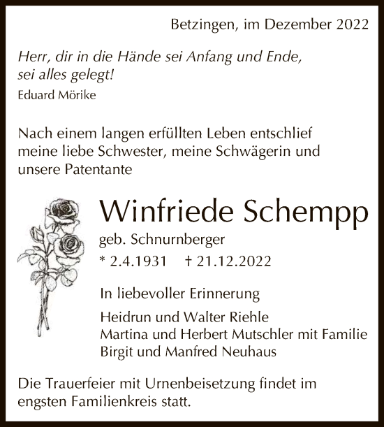 Anzeige von Winfriede Schempp von Reutlinger General-Anzeiger