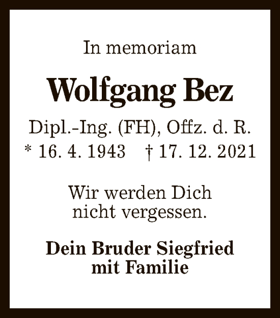 Anzeige von Wolfgang Bez von Reutlinger General-Anzeiger
