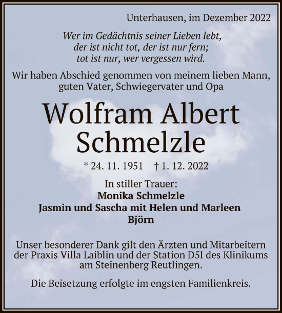 Anzeige von Wolfram Albert Schmelzle von Reutlinger General-Anzeiger