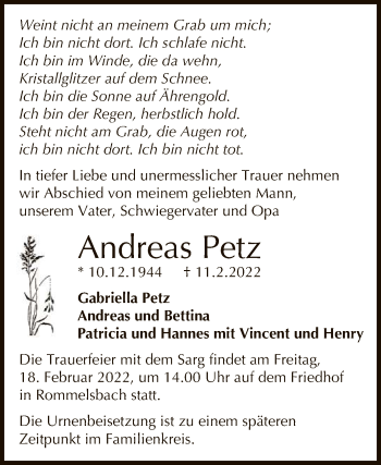 Anzeige von Andreas Petz von Reutlinger General-Anzeiger