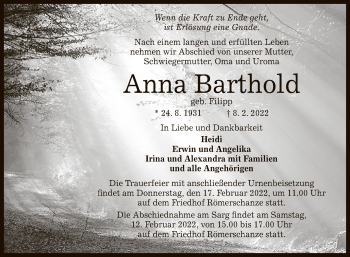 Anzeige von Anna Barthold von Reutlinger General-Anzeiger