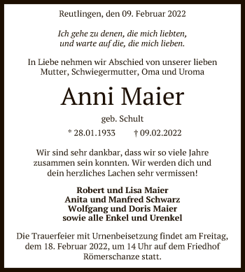 Anzeige von Anni Maier von Reutlinger General-Anzeiger