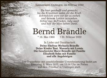 Anzeige von Bernd Brändle von Reutlinger General-Anzeiger