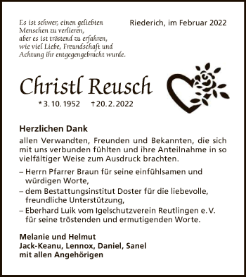 Anzeige von Christr Reusch von Reutlinger General-Anzeiger