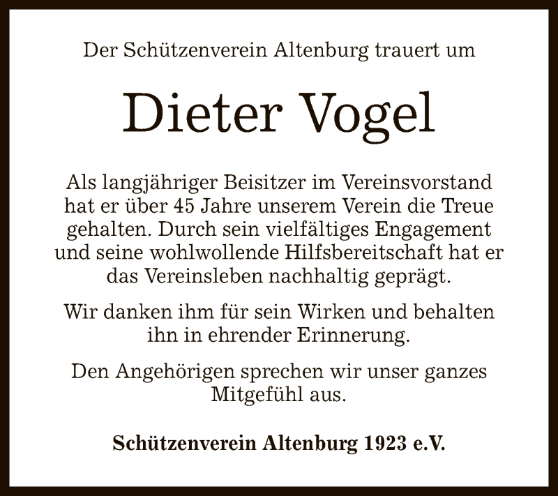  Traueranzeige für Dieter Vogel vom 11.02.2022 aus Reutlinger General-Anzeiger