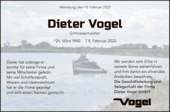 Anzeige von Dieter Vogel von Reutlinger General-Anzeiger