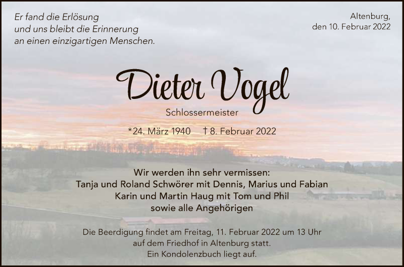  Traueranzeige für Dieter Vogel vom 10.02.2022 aus Reutlinger General-Anzeiger