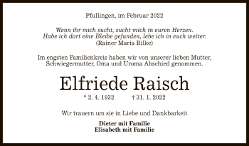 Anzeige von Elfriede Raisch von Reutlinger General-Anzeiger