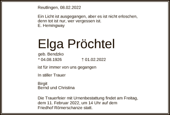 Anzeige von Elga Pröchtel von Reutlinger General-Anzeiger