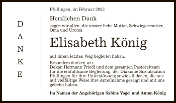 Anzeige von Elisabeth König von Reutlinger General-Anzeiger