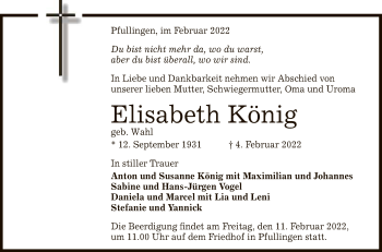 Anzeige von Elisabeth König von Reutlinger General-Anzeiger