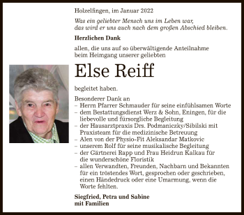 Anzeige von Else Reiff von Reutlinger General-Anzeiger