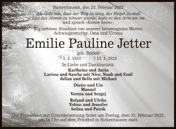 Anzeige von Emilie Pauline Jetter von Reutlinger General-Anzeiger