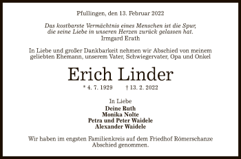 Anzeige von Erich Linder von Reutlinger General-Anzeiger