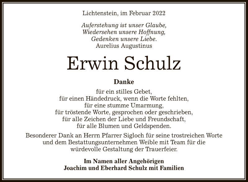 Traueranzeige für Erwin Schulz vom 19.02.2022 aus Reutlinger General-Anzeiger
