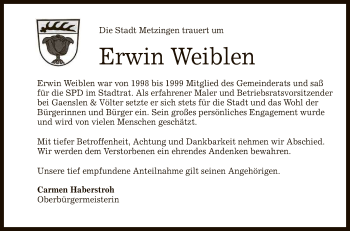 Anzeige von Erwin Weiblen von Reutlinger General-Anzeiger