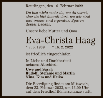 Anzeige von Eva-Christa Haag von Reutlinger General-Anzeiger