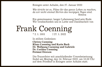 Anzeige von Frank Coenning von Reutlinger General-Anzeiger