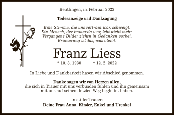 Anzeige von Franz Liess von Reutlinger General-Anzeiger