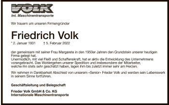 Anzeige von Friedrich Volk von Reutlinger General-Anzeiger
