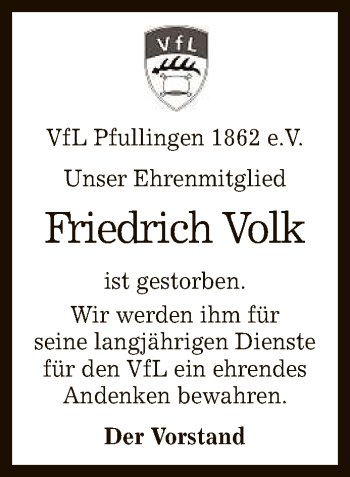 Anzeige von Friedrich Volk von Reutlinger General-Anzeiger