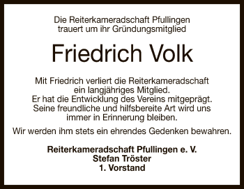 Anzeige von Friedrich Volk von Reutlinger General-Anzeiger