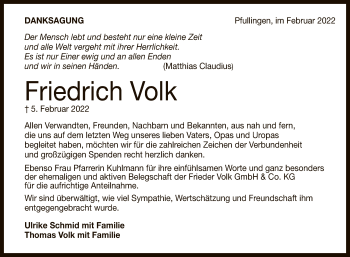 Anzeige von Friedrich Volk von Reutlinger General-Anzeiger