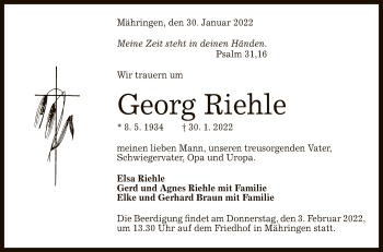 Anzeige von Georg Riehle von Reutlinger General-Anzeiger