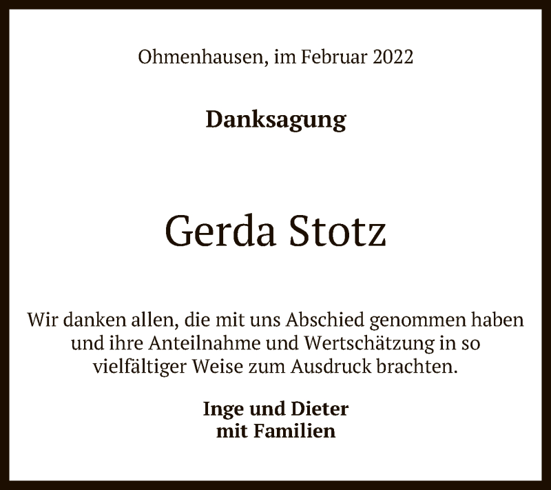  Traueranzeige für Gerda Stotz vom 19.02.2022 aus Reutlinger General-Anzeiger
